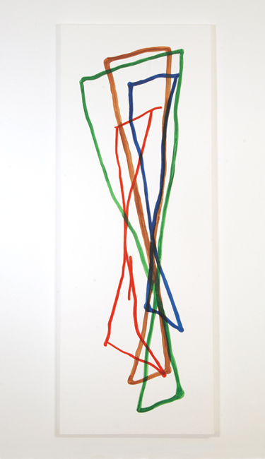This image is of an abstract painting by Sjak Marks.  The 2006 piece uses organic intersecting lines of ink and paint on canvas to create an animated freely rendered work.  There is an implied geometry and motion in the gesture of pure color of the line.  Titled Approach it is 108 inches tall by 40 inches wide.  