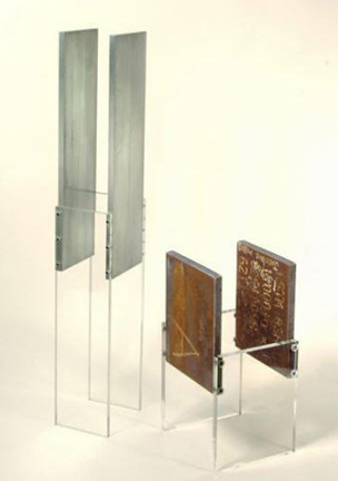Photograph of the artist Sjak Mark’s 2011 abstract aluminum and plexi glass sculpture Tuning.